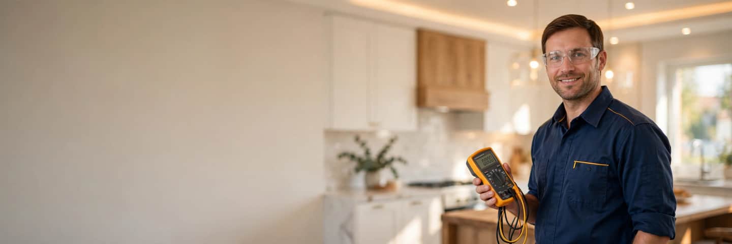 Electrician checking the wiring in a home kitchen
